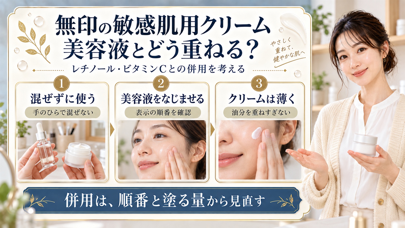 無印の敏感肌用クリームと美容液の併用。手のひらで混ぜず、美容液をなじませ、クリームは薄く重ねる。