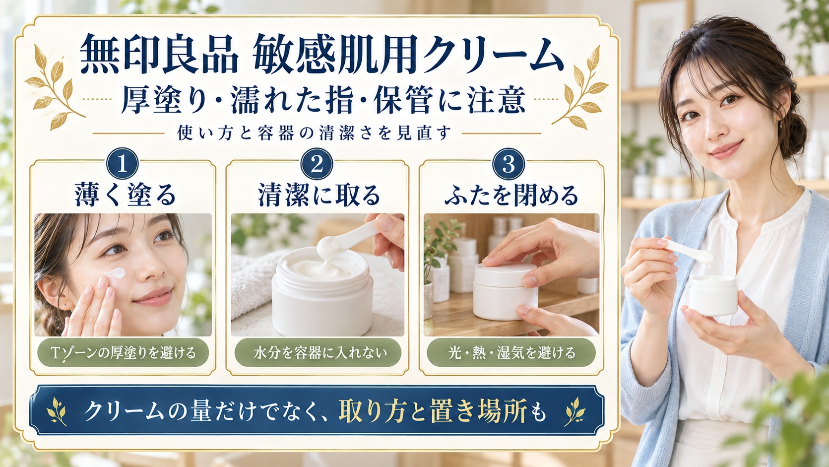 無印良品敏感肌用クリームの厚塗り、濡れた指、保管に注意。薄く塗る、清潔に取る、ふたを閉める。