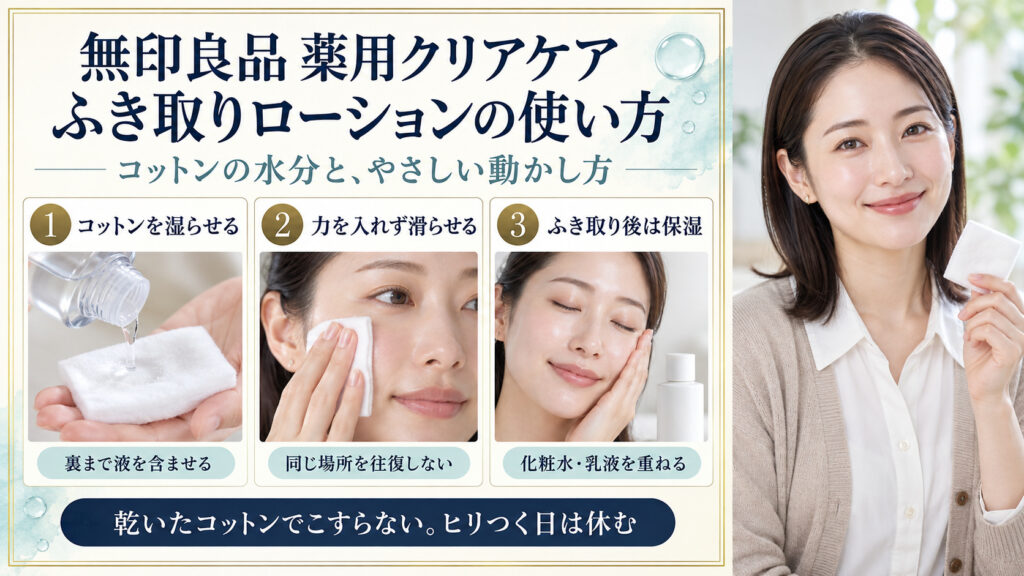 コットンを湿らせ、力を入れず滑らせ、ふき取り後は保湿。乾いたコットンでこすらず、ヒリつく日は休む。