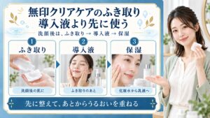 洗顔後はふき取り、導入液、保湿の順番。無印クリアケアのふき取りは導入液より先に使う。
