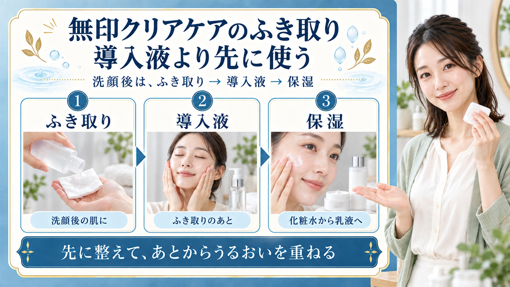 洗顔後はふき取り、導入液、保湿の順番。無印クリアケアのふき取りは導入液より先に使う。