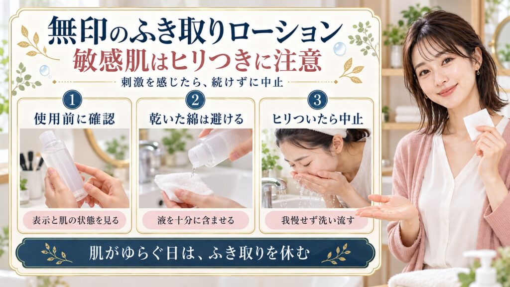 使用前に表示と肌を確認し、乾いた綿は避け、ヒリついたら中止して洗い流す。肌がゆらぐ日はふき取りを休む。