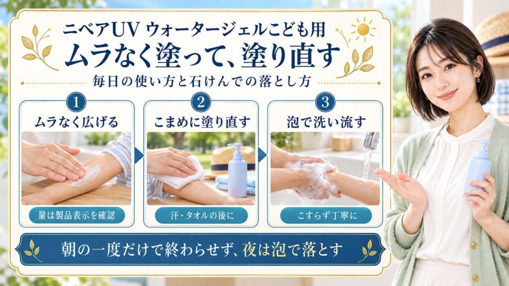 ニベアUVウォータージェルこども用の使い方｜適量と落とし方のコツ｜Chocobra アイキャッチ