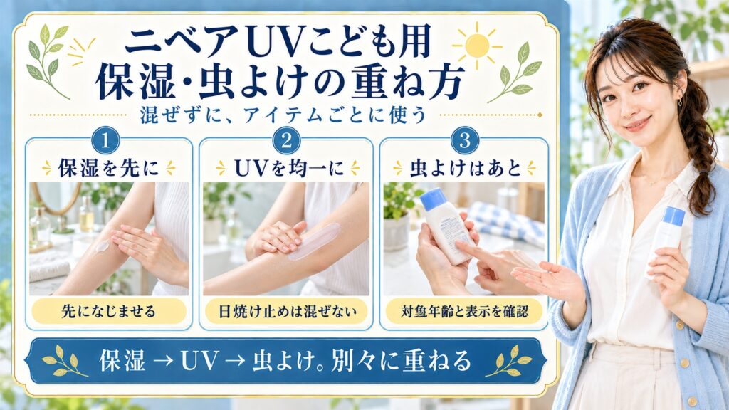 ニベアUVジェルこども用の併用相性｜化粧品や虫よけとの重ね方｜Chocobra アイキャッチ