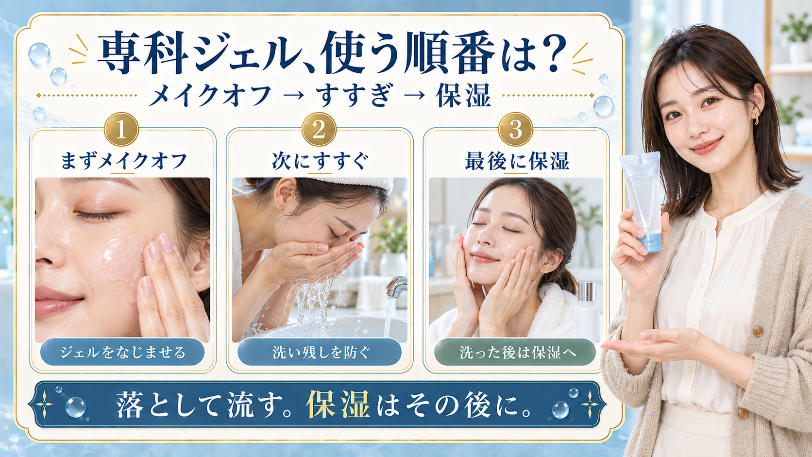 専科オールクリアジェルでメイクを落とし、すすぎ、保湿する順番を3枚の実写カードで示した図