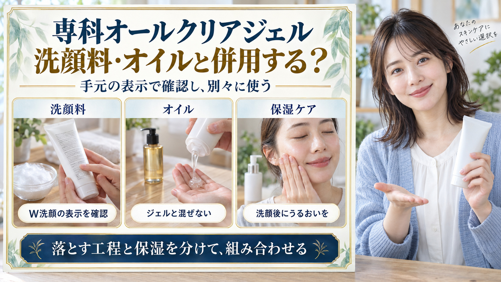 専科オールクリアジェルの併用で洗顔表示の確認、オイルを混ぜず別々に使用、洗顔後の保湿を示す3枚の実写カード