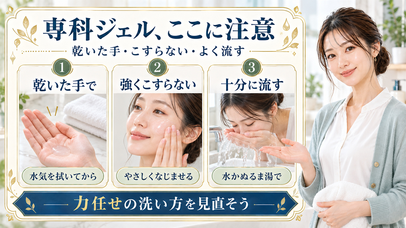専科オールクリアジェルの乾いた手、強くこすらない塗布、水かぬるま湯で十分に流す注意点を示す実写カード