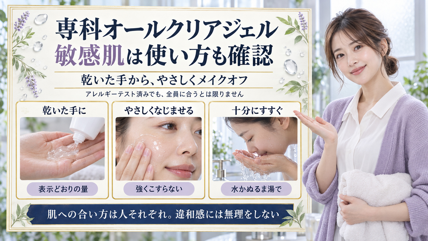 専科オールクリアジェルを乾いた手に取り、やさしくなじませ、十分にすすぐ敏感肌での使用確認を示す実写カード