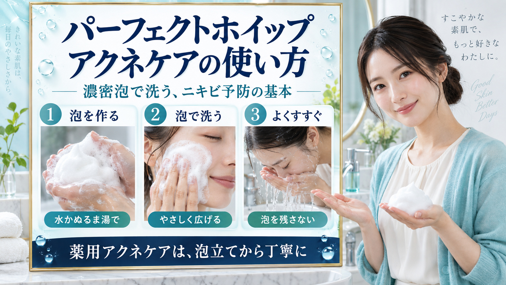 パーフェクトホイップアクネケアで泡を作り、泡でやさしく洗い、よくすすぐ使用手順の実写カード