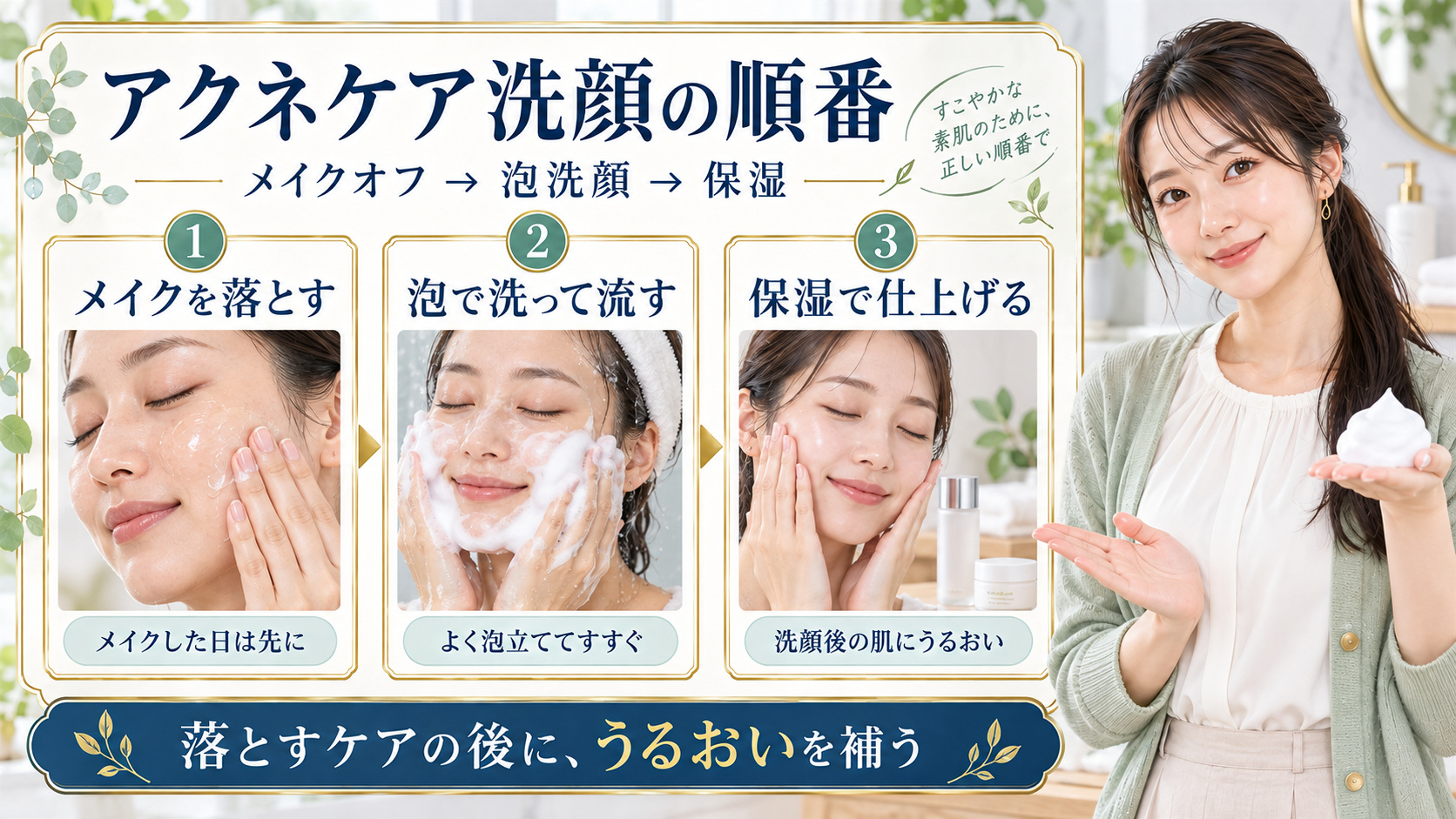 メイクした日は先にメイクを落とし、アクネケアの泡洗顔とすすぎを行い、保湿で仕上げる順番を示す実写カード