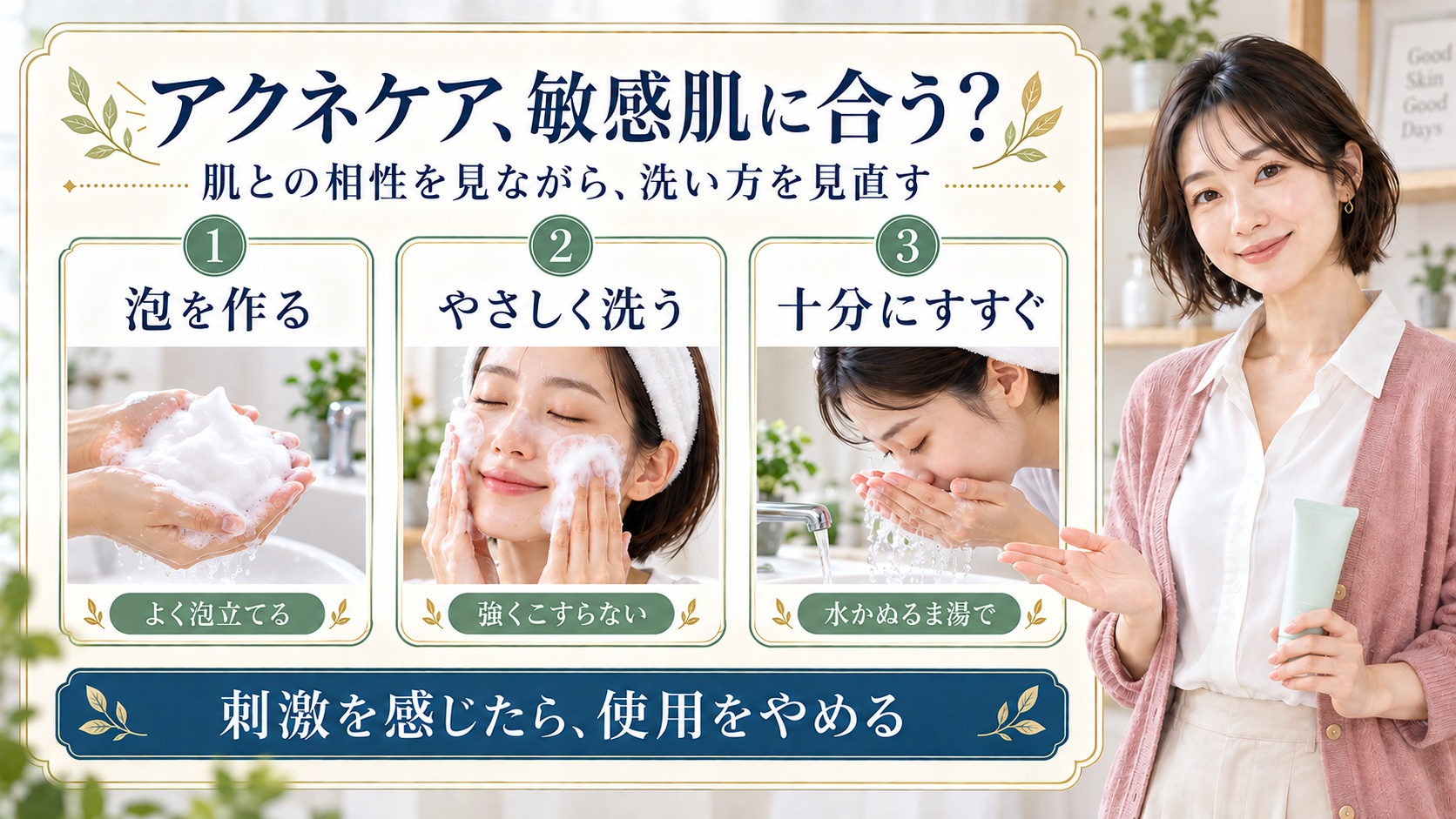 アクネケア洗顔の肌との相性を見ながら泡を作り、やさしく洗い、十分にすすぎ、刺激があればやめる使用確認の実写カード