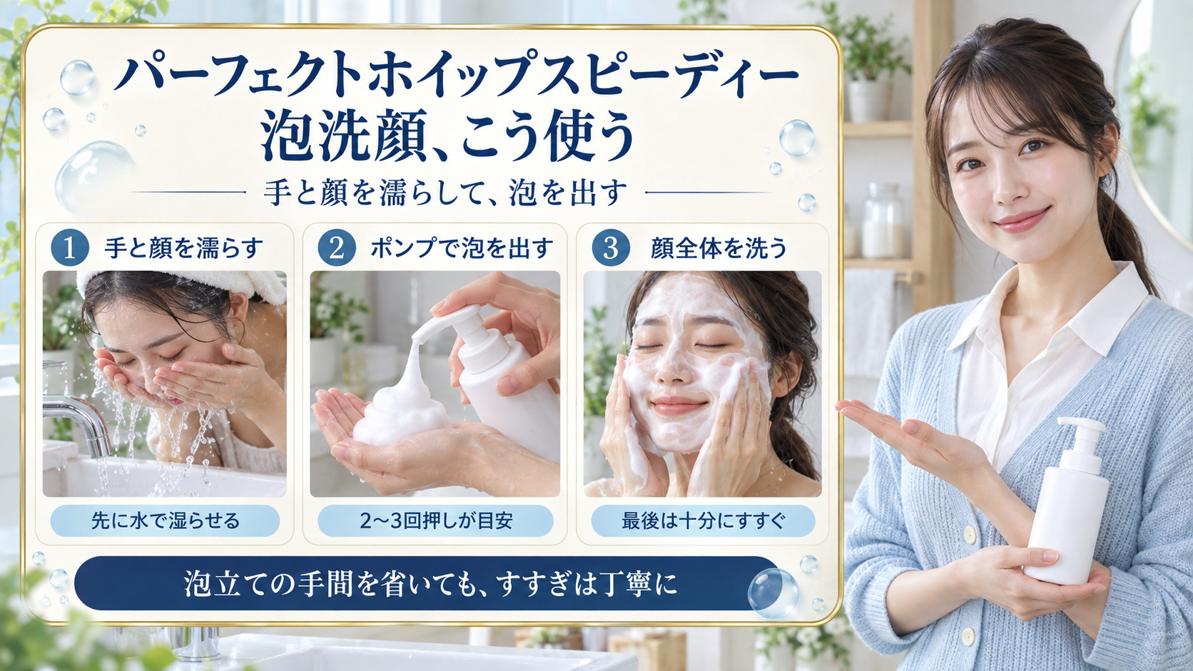 パーフェクトホイップスピーディーは手と顔を濡らし、ポンプで泡を出し、顔全体を洗ってすすぐ使用手順の実写カード