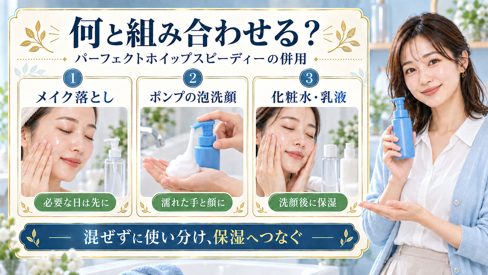 パーフェクトホイップスピーディーをメイク落としと化粧水や乳液と使い分ける3つの実写カード