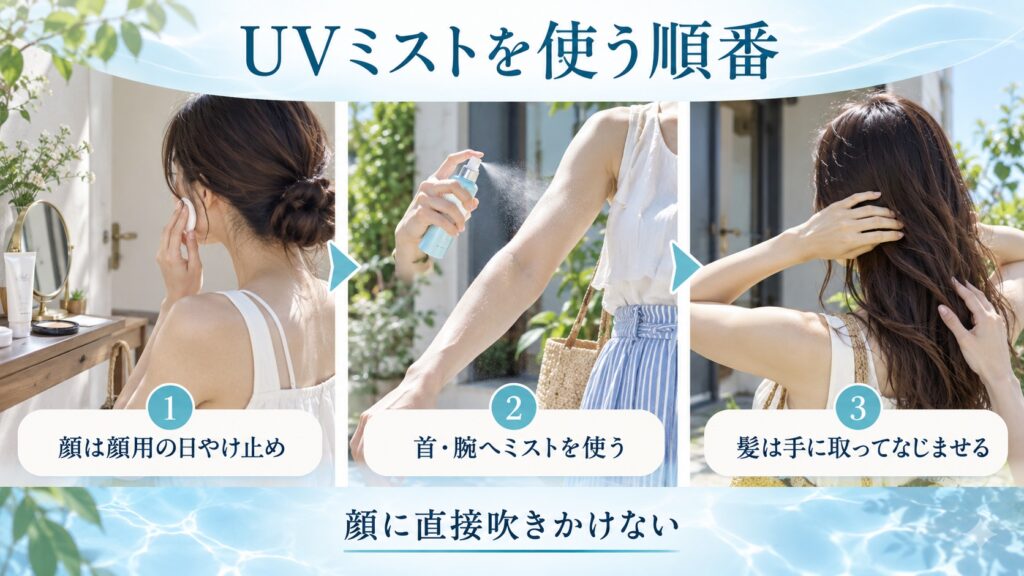顔用日やけ止めと首腕用UVミストを使い分ける順番