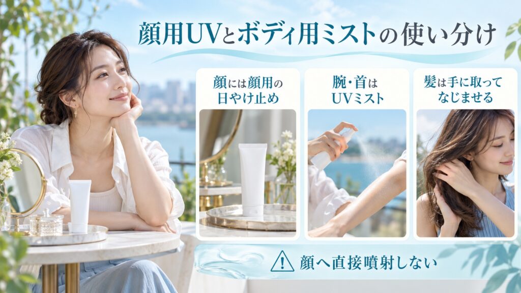 顔用日やけ止めと身体用UVミストの部位別の使い分け