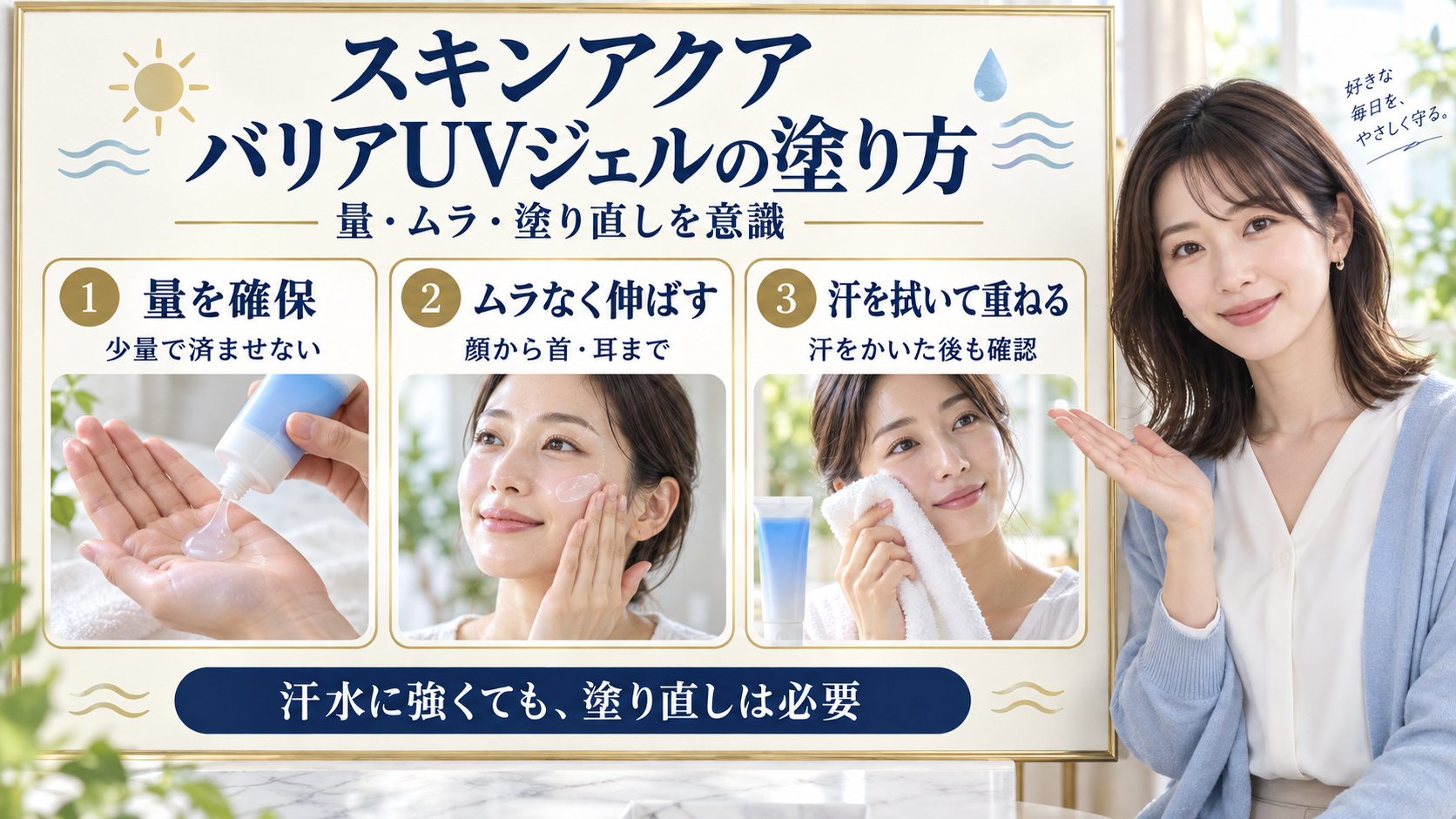 スキンアクアバリアUVジェルの塗り方。量を確保し、ムラなく伸ばし、汗を拭いて重ねる3つの行動を示すボード
