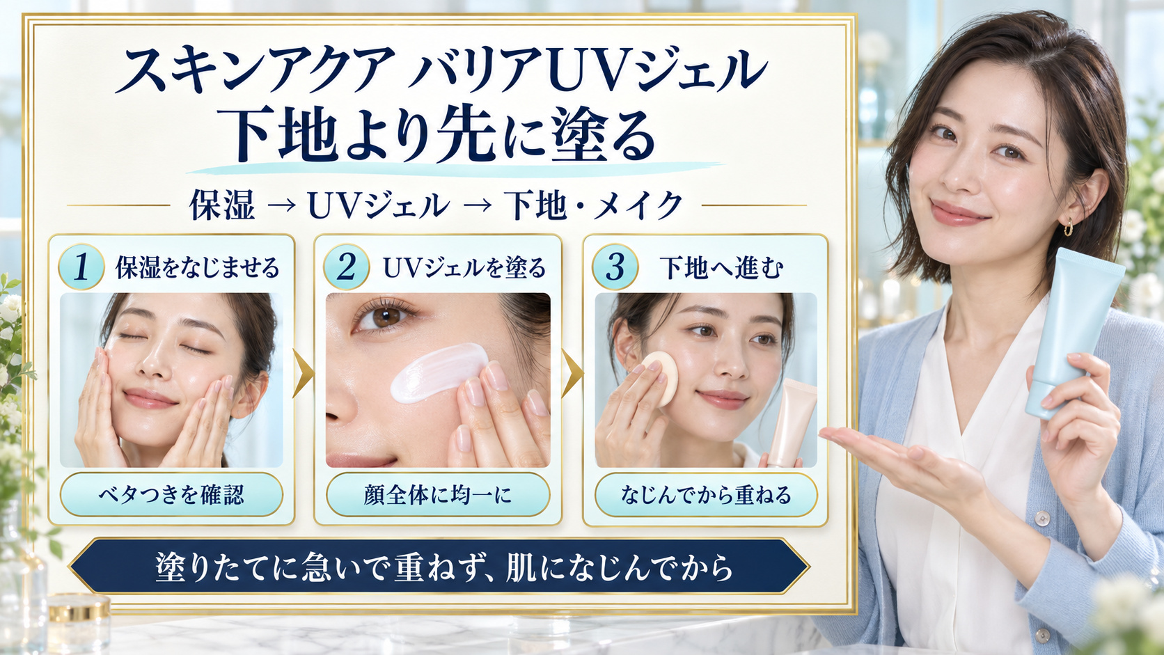 保湿、UVジェル、下地メイクの順番を3つの実写動作で説明するボード