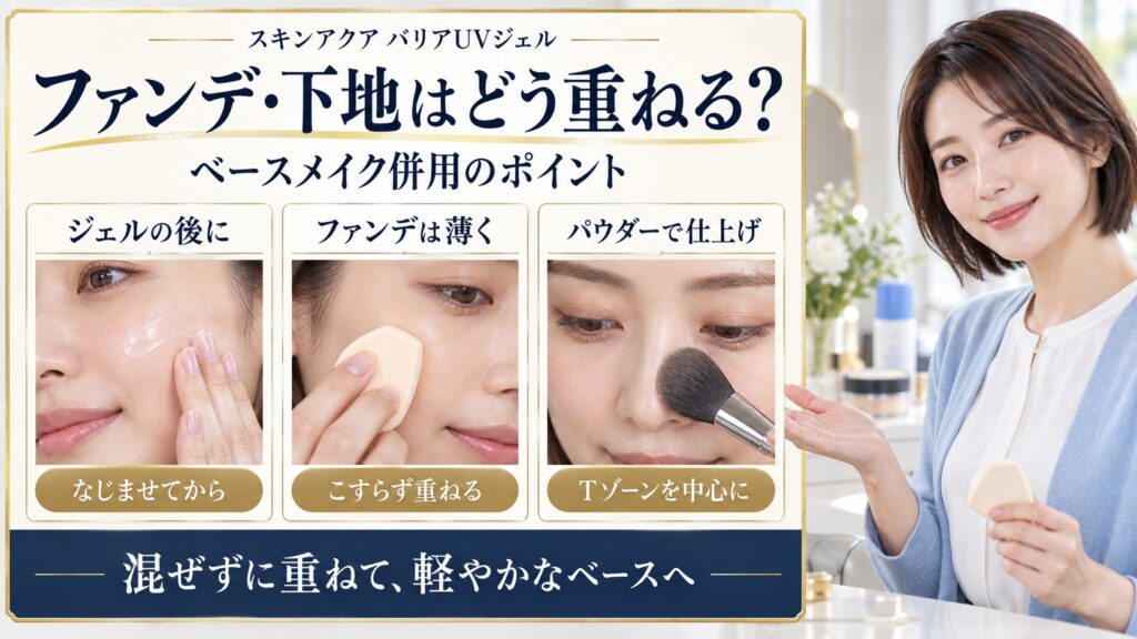 ジェルをなじませた後にファンデを薄く重ね、パウダーで仕上げるベースメイク併用の3カード