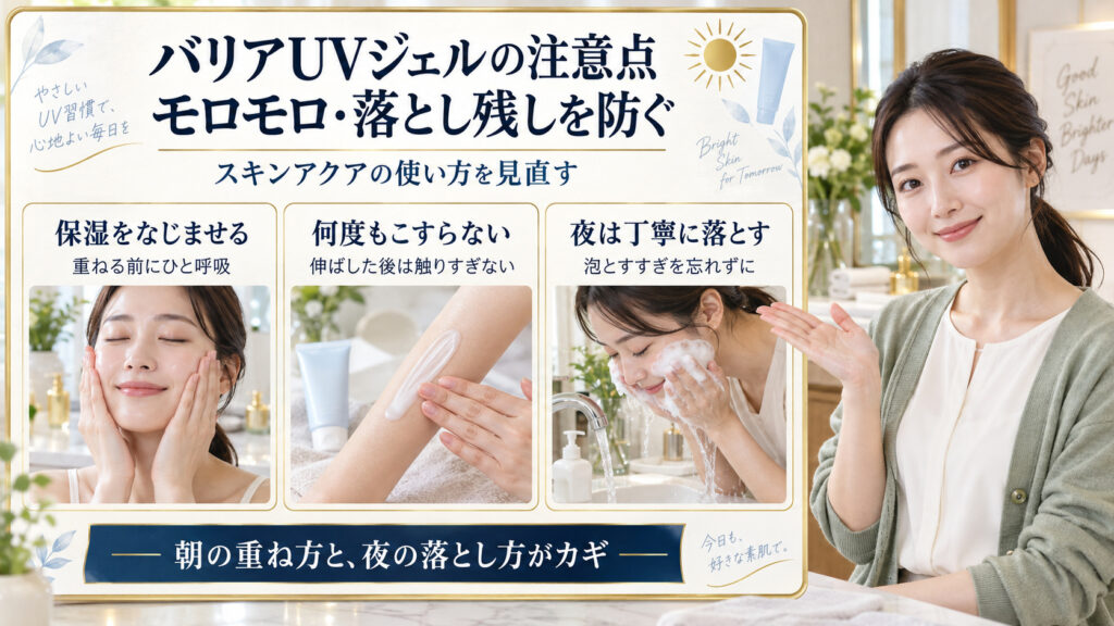 保湿をなじませ、何度もこすらず、夜は丁寧に落とすバリアUVジェルの3つの注意点