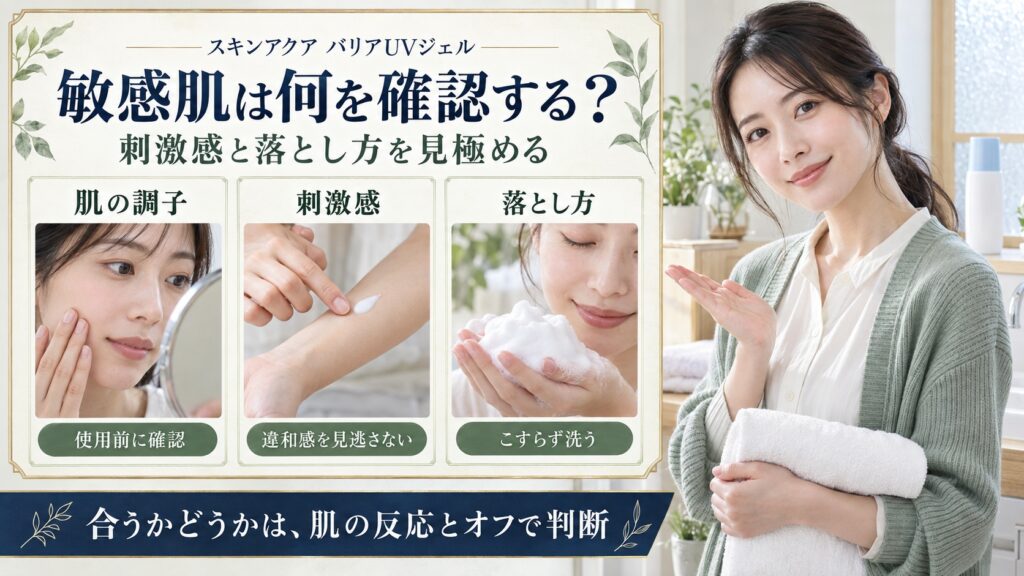肌の調子、刺激感、落とし方を確認する敏感肌のバリアUVジェル3カード