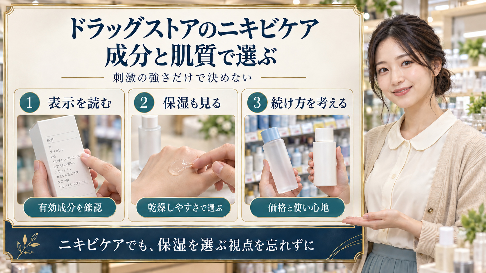 表示を読み保湿も確認し続け方を考えるドラッグストアのニキビケア選び3つの視点