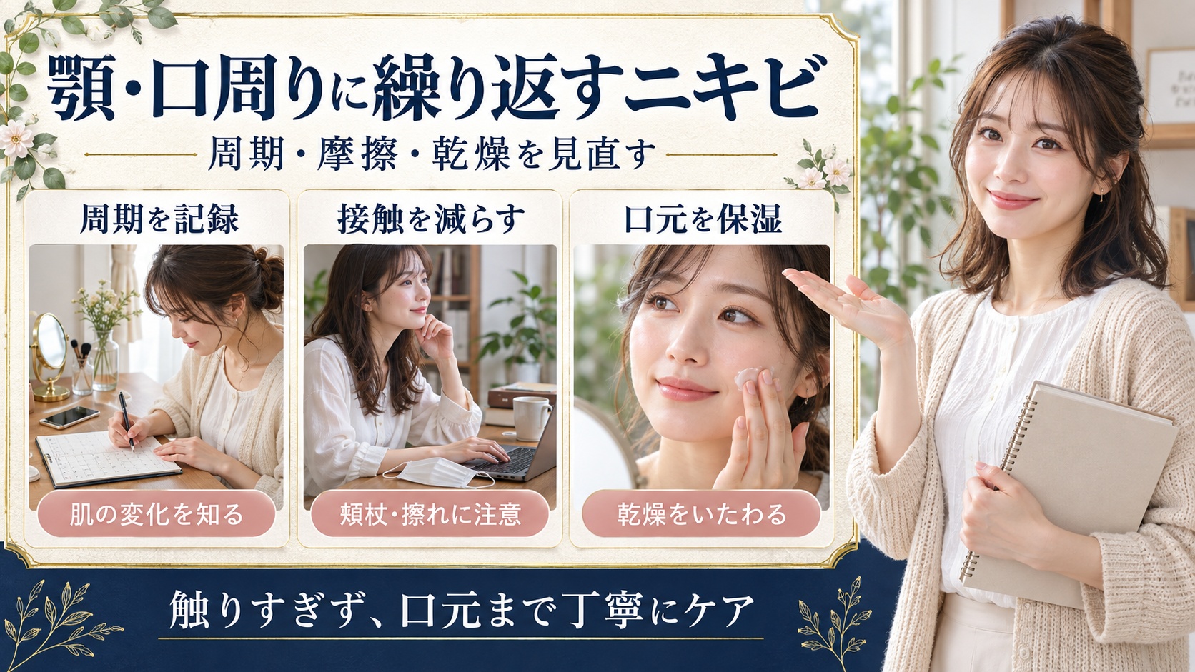 周期を記録し接触を減らし口元を保湿する顎口周りのニキビ3カード