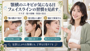 顎横まで流し髪を肌から離し端まで保湿するフェイスラインケアの3カード