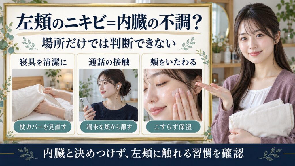 寝具を清潔にし通話端末を頬から離しこすらず保湿する左頬のニキビケア3カード