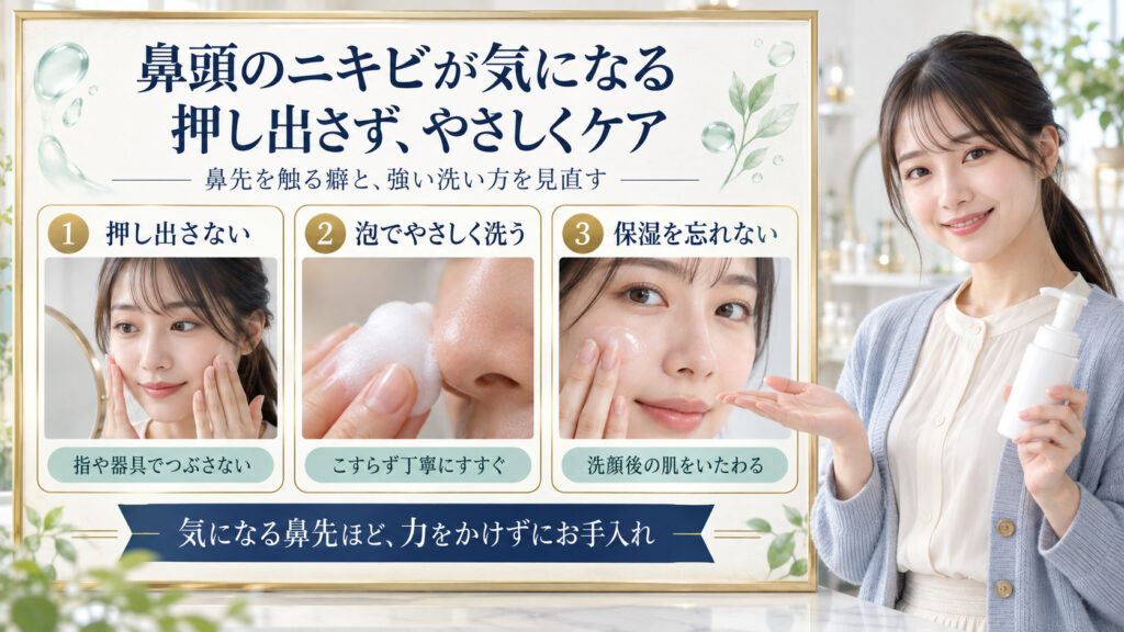鼻頭を押し出さず泡でやさしく洗い保湿する3つの鼻先ケアカード