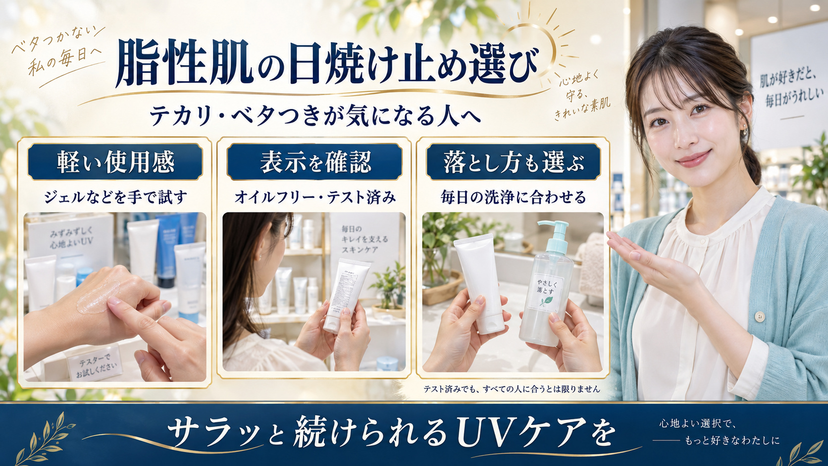 軽い使用感を試し表示を確認し落とし方も選ぶ脂性肌の日焼け止め3カード