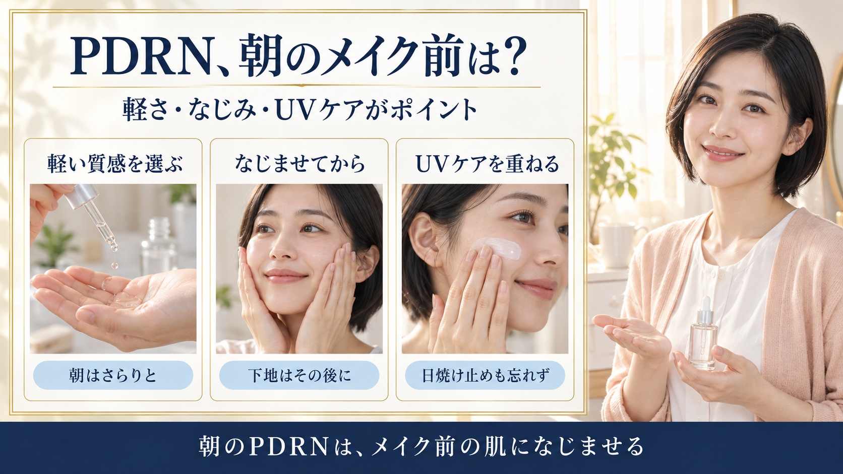 軽い質感を選びなじませてからUVケアを重ねるPDRNの朝ケア3カード