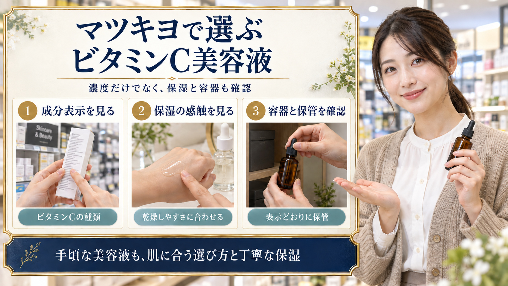成分表示と保湿感触と容器保管を確認するマツキヨのビタミンC美容液選び3カード