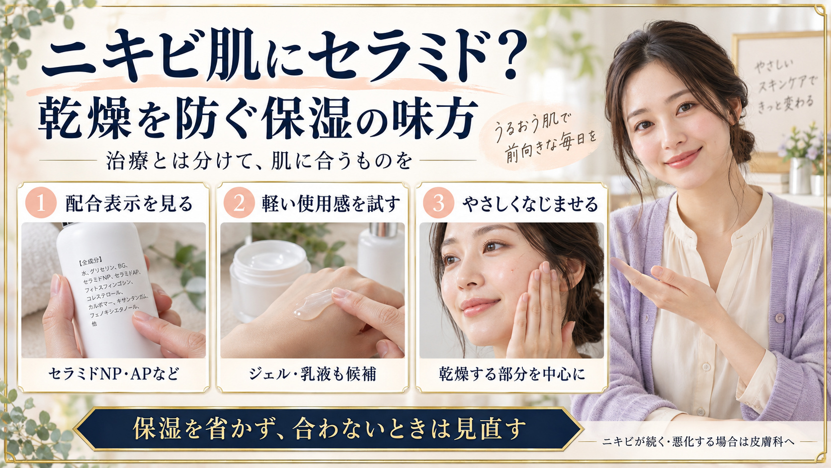 配合表示を読み軽い使用感を試しやさしくなじませるニキビ肌セラミド保湿3カード