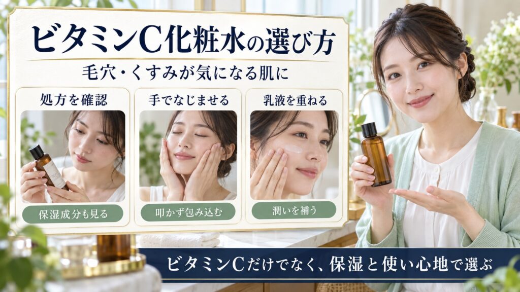 処方を確認し手でなじませ乳液を重ねるビタミンC化粧水の3カード