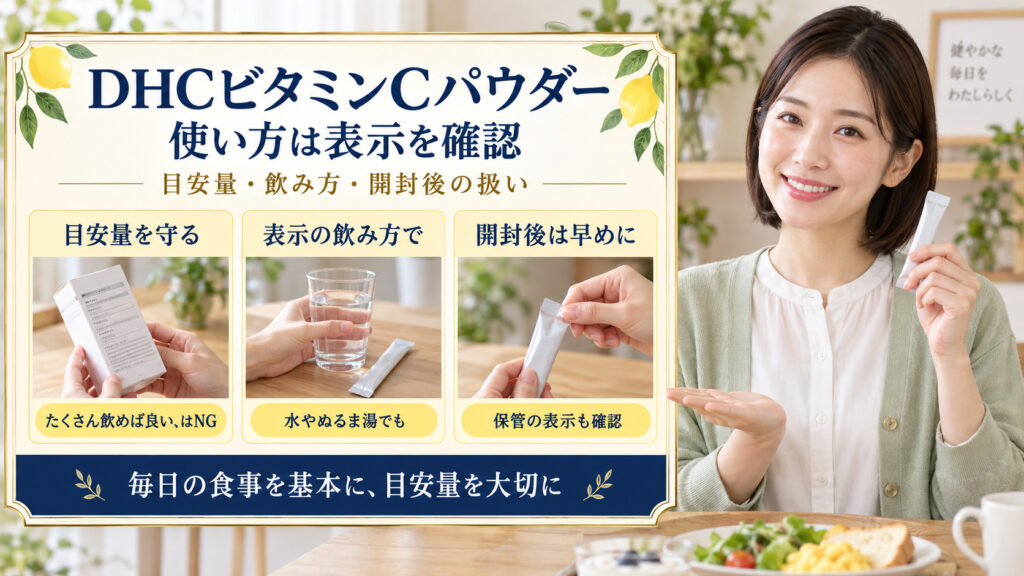 DHCビタミンCパウダーの使い方｜効果的な摂取法と注意点｜Chocobra アイキャッチ
