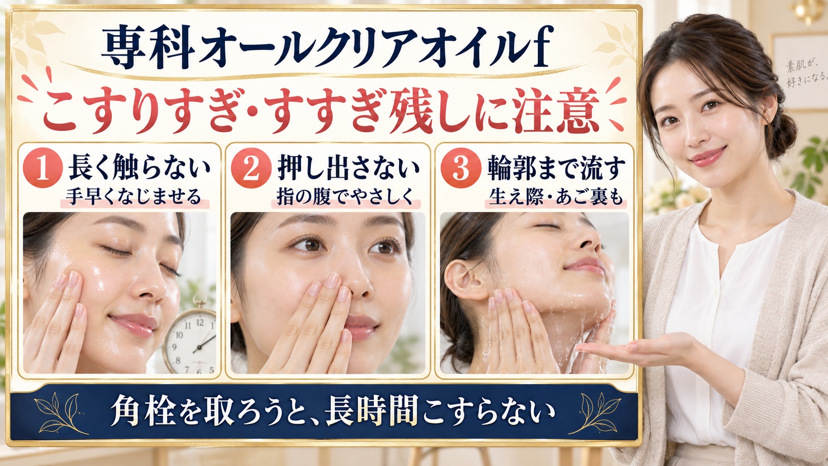 専科オールクリアオイルf/こすりすぎ・すすぎ残しに注意