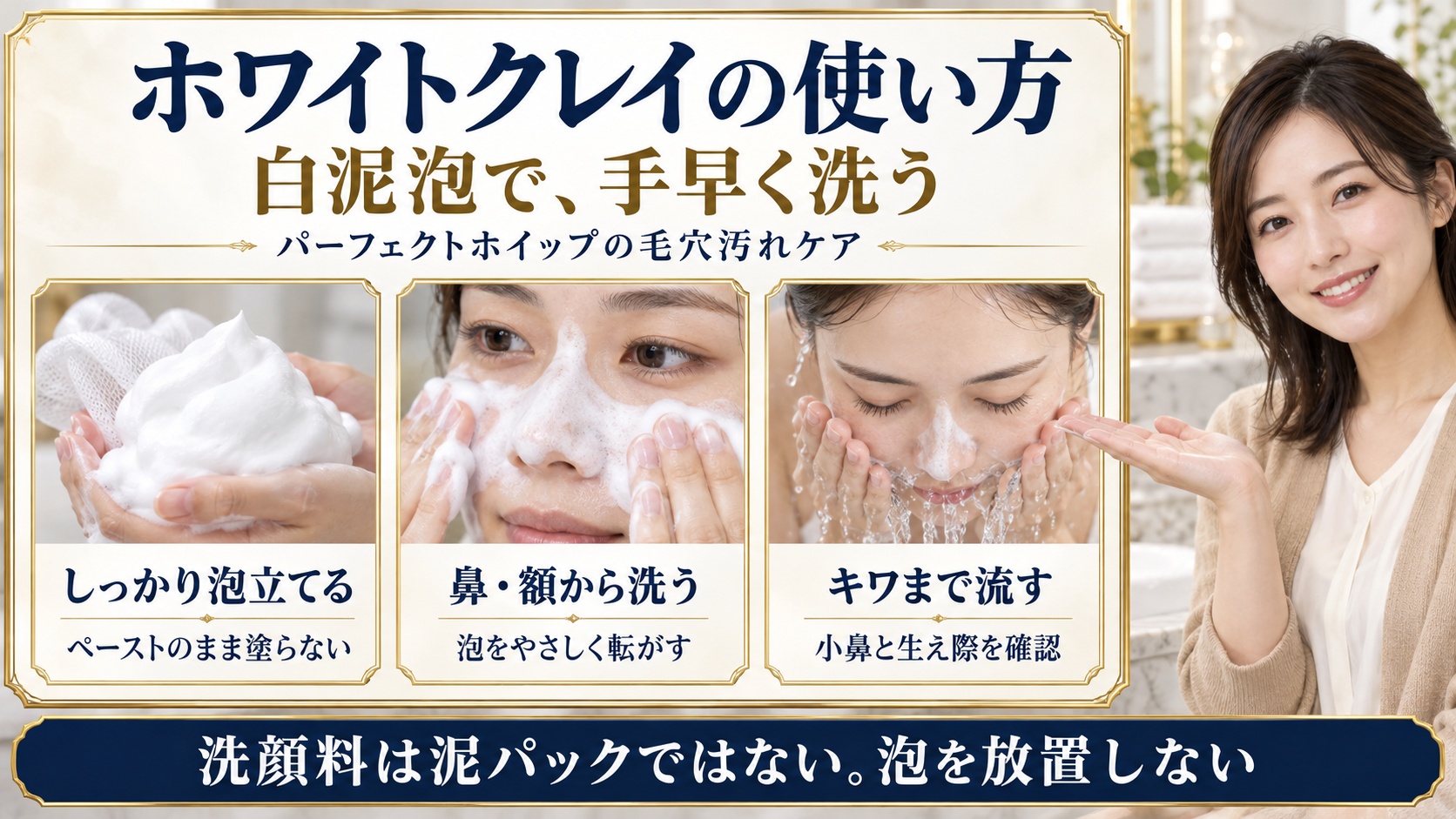 ホワイトクレイの使い方 白泥泡で、手早く洗う