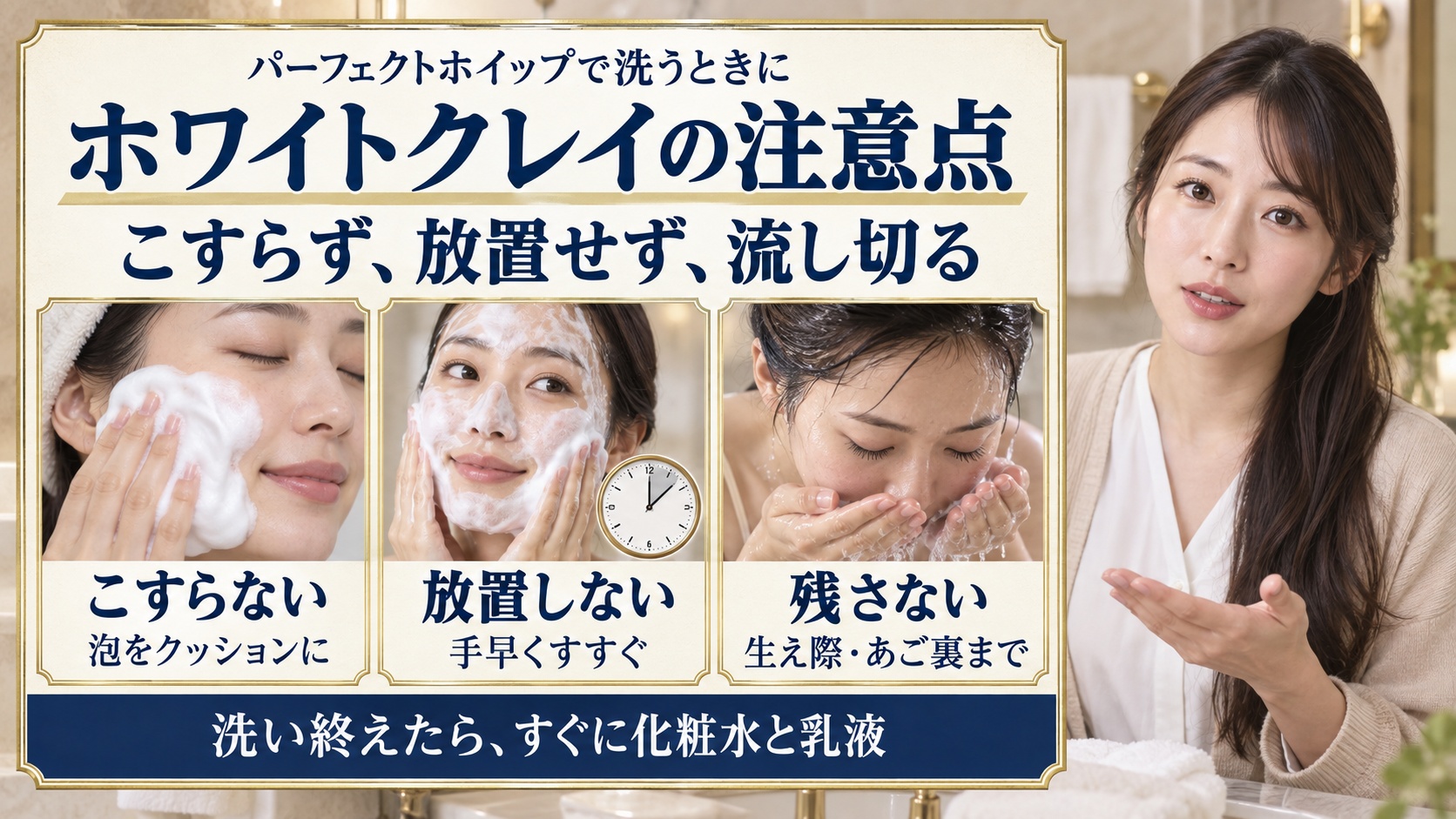 ホワイトクレイの注意点 こすらず、放置せず、流し切る