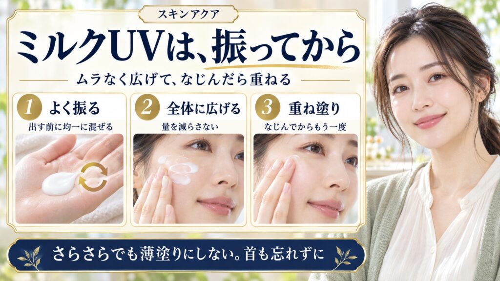 スキンアクアスーパーモイスチャーミルクの使い方！崩れない塗り方