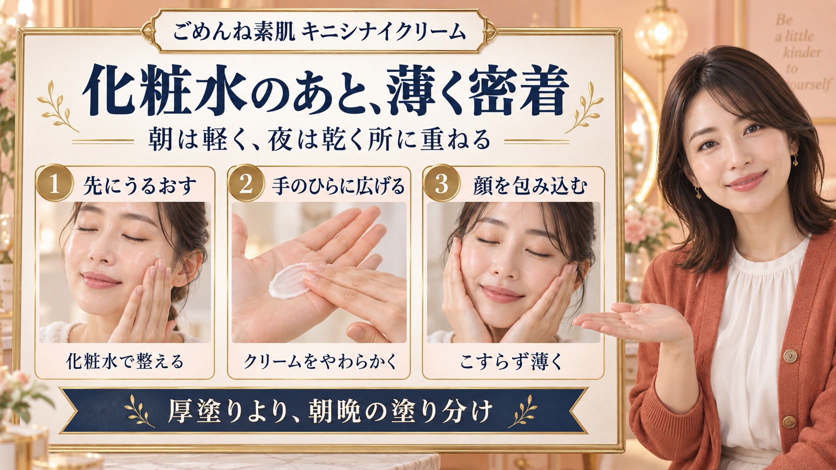 ごめんね素肌キニシナイクリームの使い方!朝夜の適量と順番