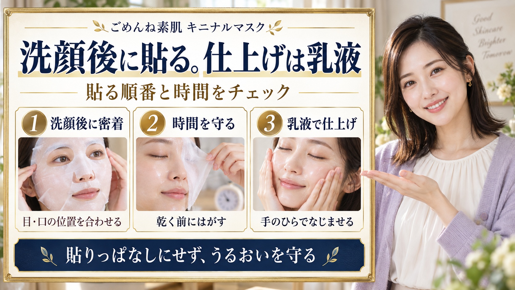 洗顔後に貼る。仕上げは乳液