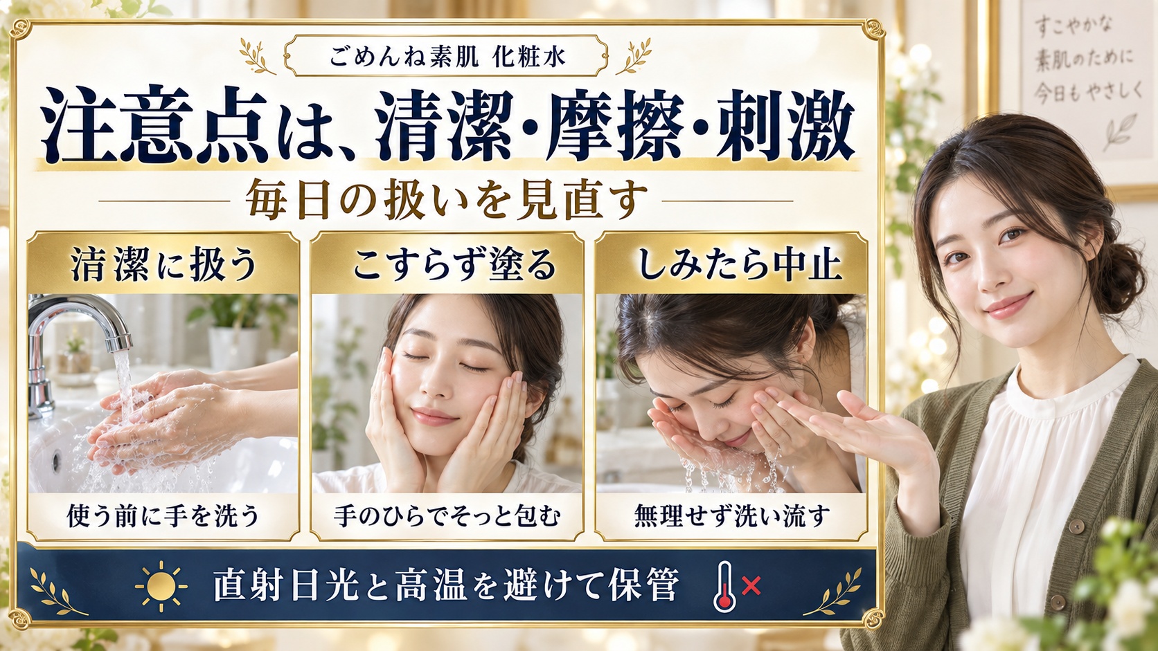 注意点は、清潔・摩擦・刺激