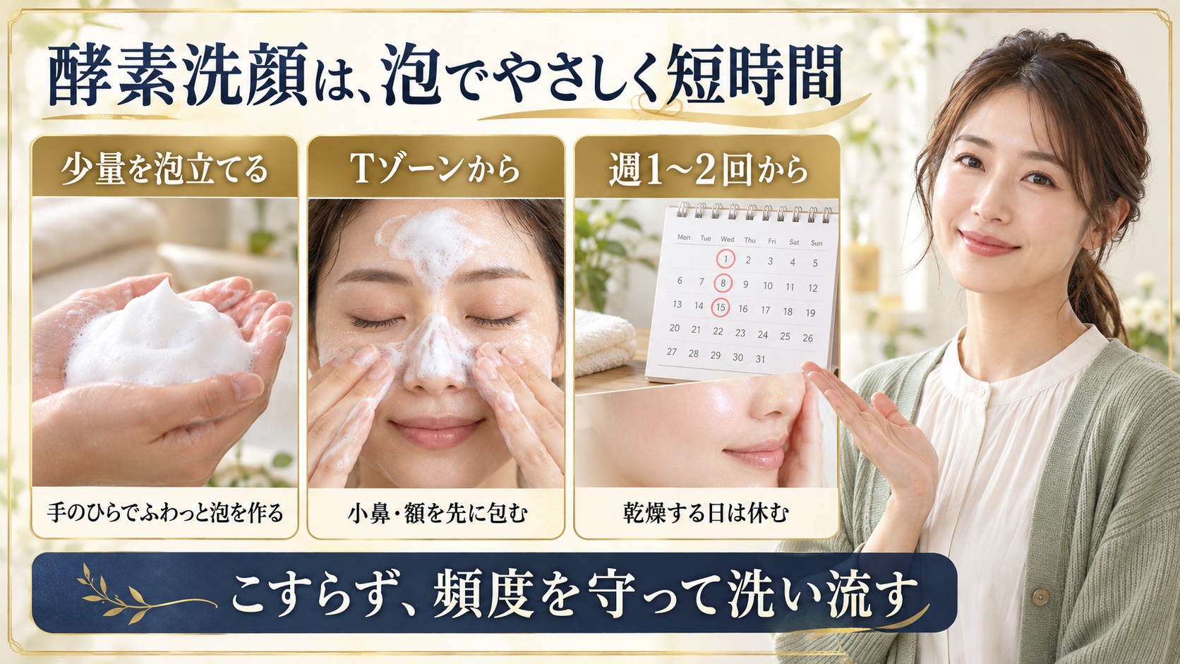 酵素洗顔は、泡でやさしく短時間