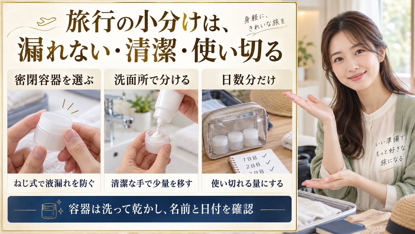 旅行の小分けは、漏れない・清潔・使い切る