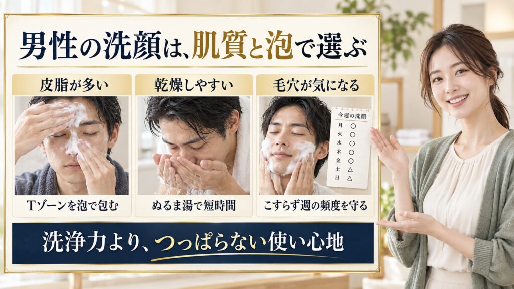 男性の洗顔は、肌質と泡で選ぶ