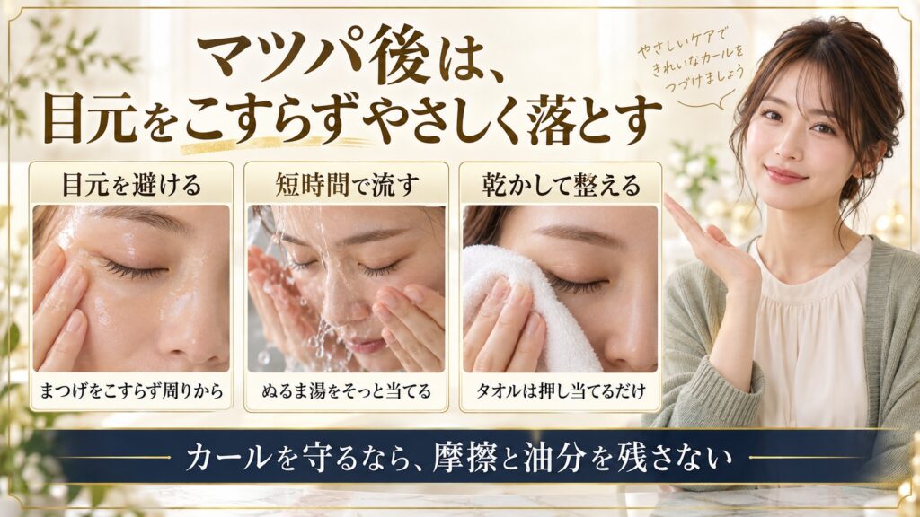 マツパ後は、目元をこすらずやさしく落とす