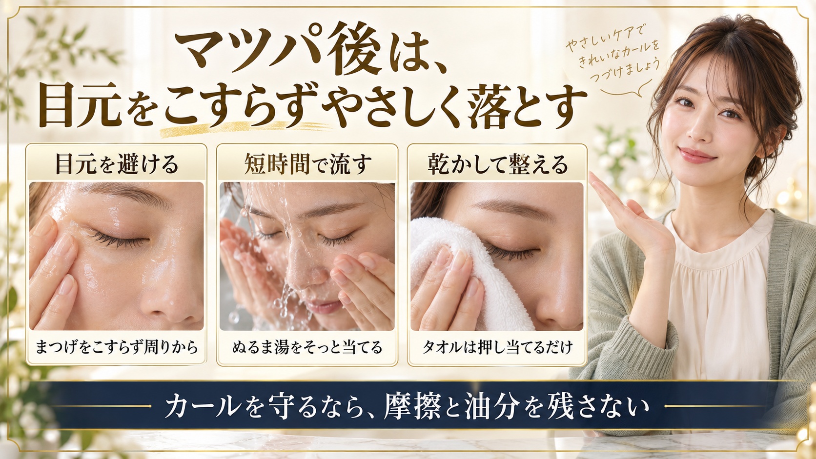 マツパ後は、目元をこすらずやさしく落とす