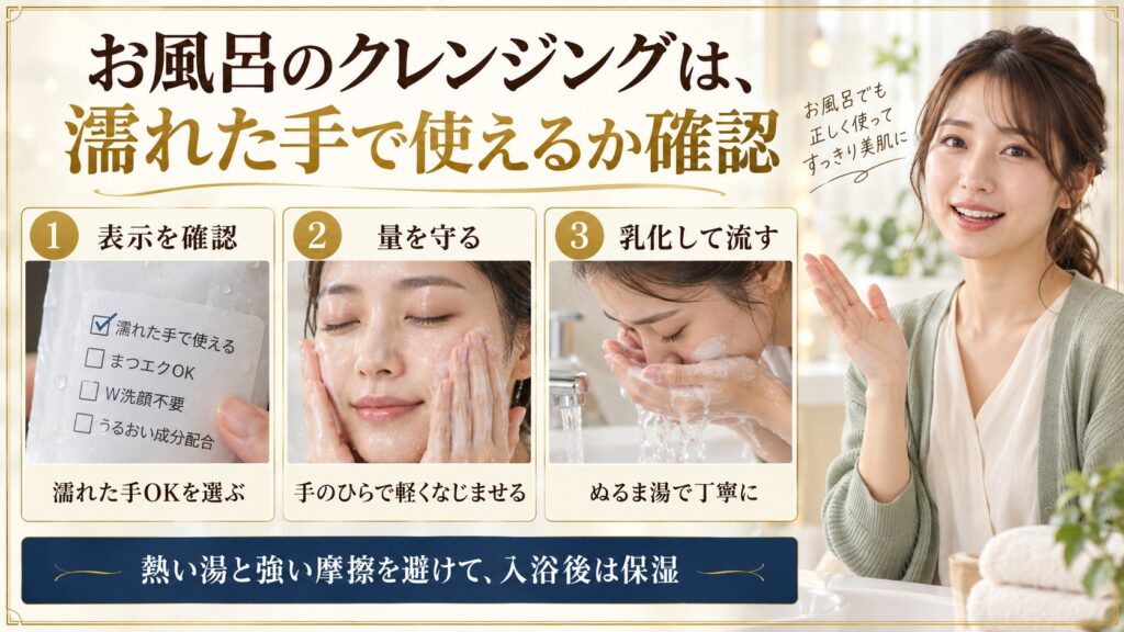 お風呂のクレンジングは、濡れた手で使えるか確認