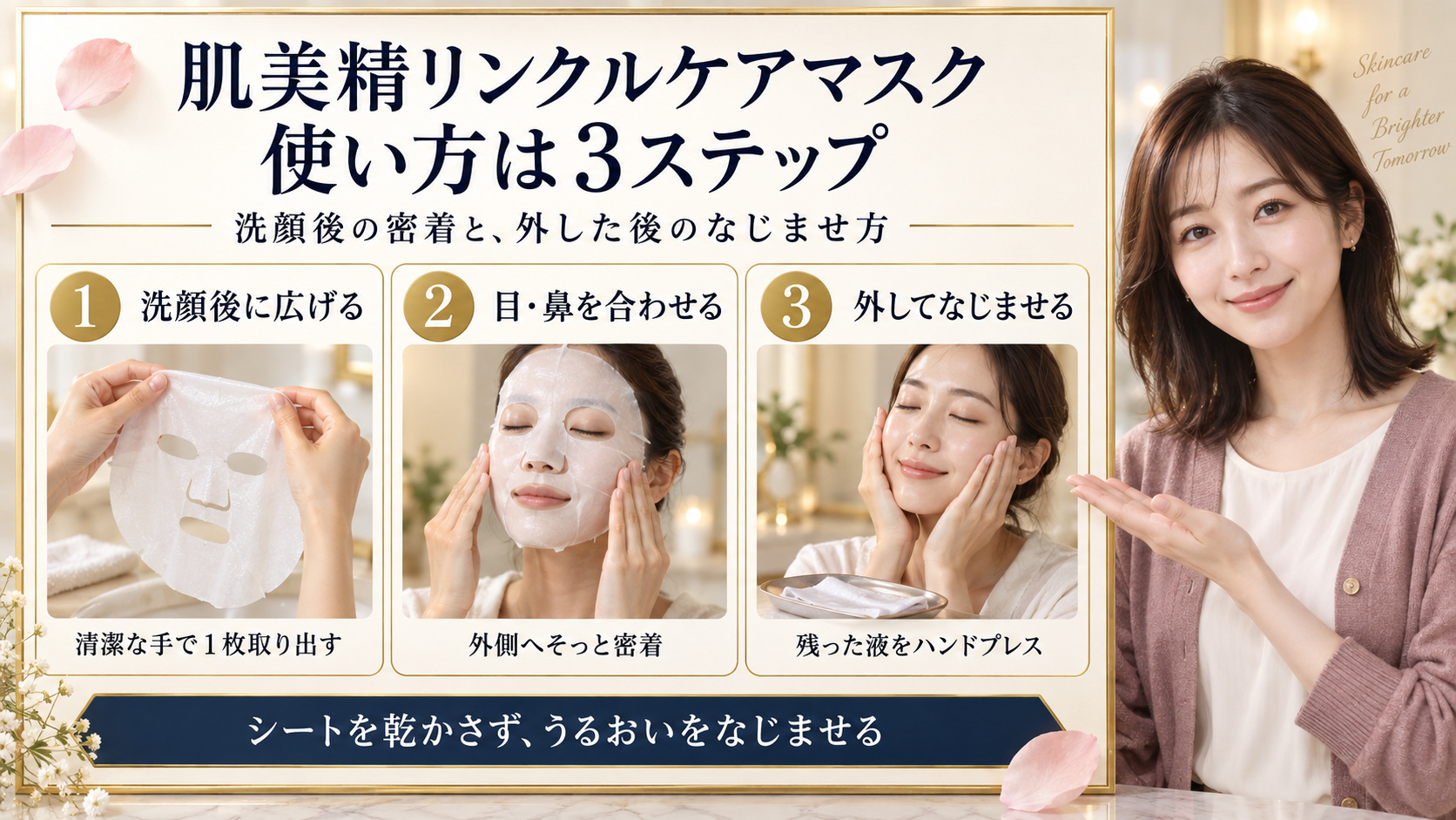 肌美精リンクルケアマスクの使い方。洗顔後にシートを広げ、目と鼻を合わせて密着させ、外した後は残った液をハンドプレスする３ステップ。