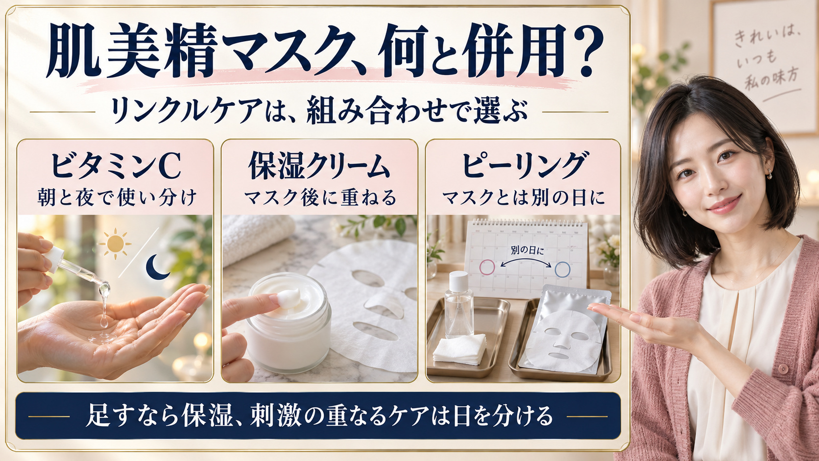 肌美精リンクルケアマスクの併用を、ビタミンCは朝晩で使い分け、保湿クリームはマスク後、ピーリングは別の日に分ける3つの写真で説明するアイキャッチ